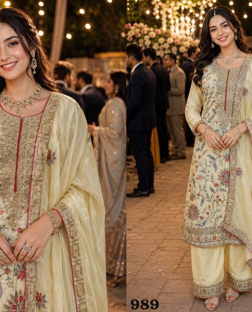CREAM - Chinon Salwar Suit In Cream Colour